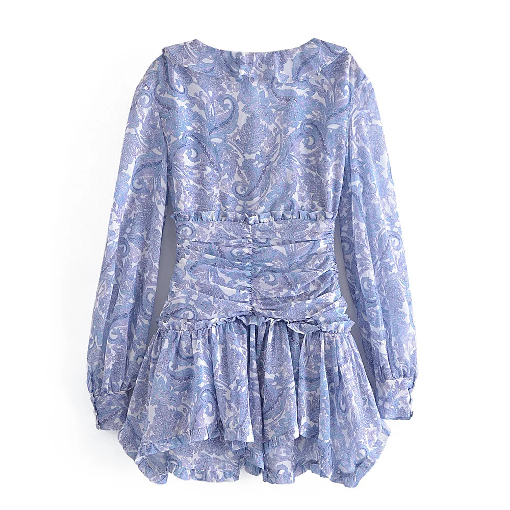 Blue Floral Print Chiffon Mini Dress