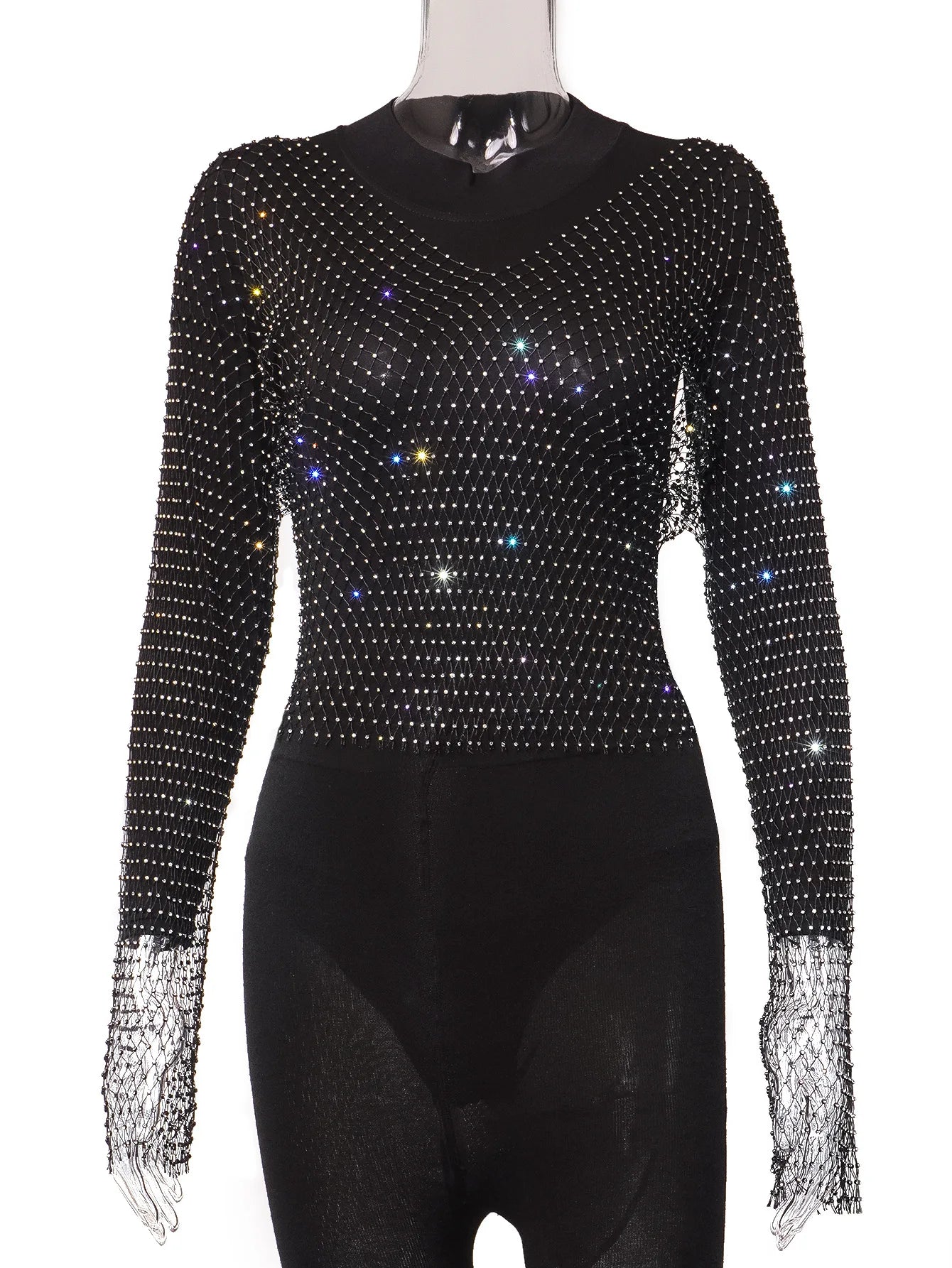 Women Sexy Club Mesh See Through T Shirt Shiny Rhinestone