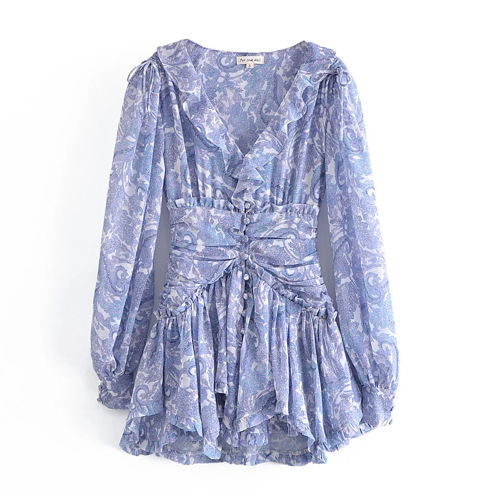 Blue Floral Print Chiffon Mini Dress