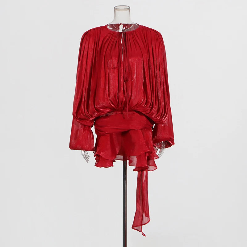 V Neck Lace Up Blouse Mini Dresses For Women