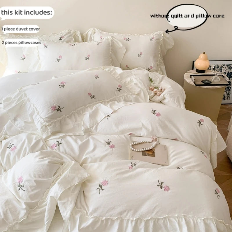 Embroidered Rose Princess-Style 3-Piece Bedding Set