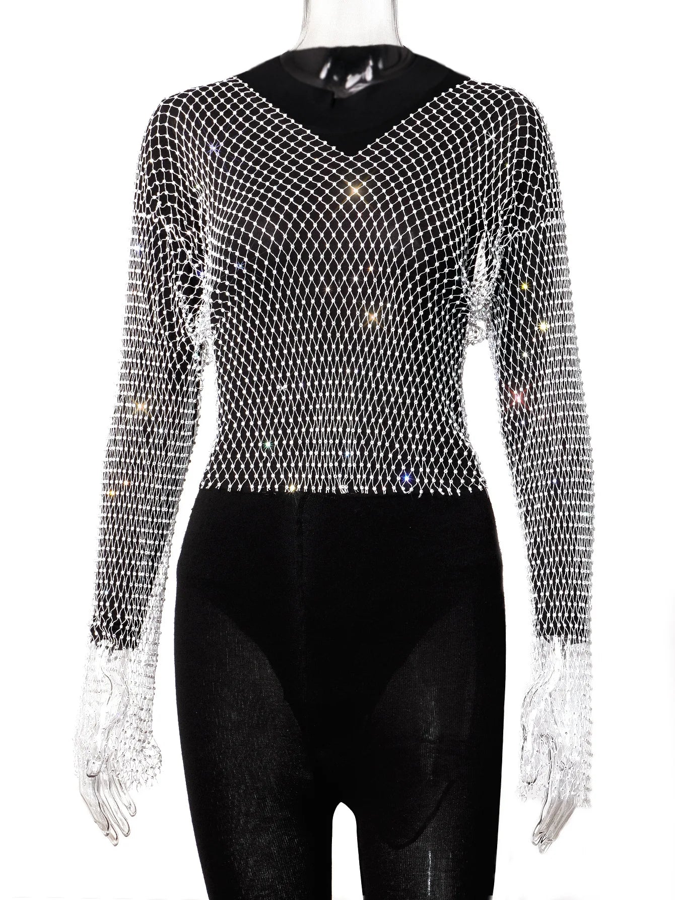 Women Sexy Club Mesh See Through T Shirt Shiny Rhinestone