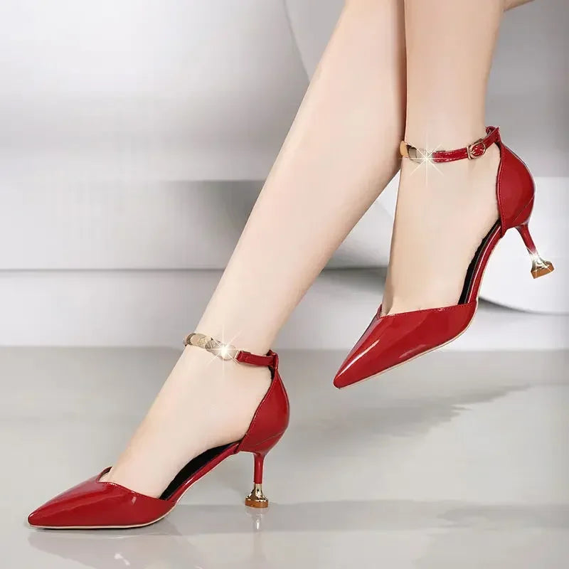 Women Fashion Sweet Pointed Toe Buckles Strap Stiletto Heels