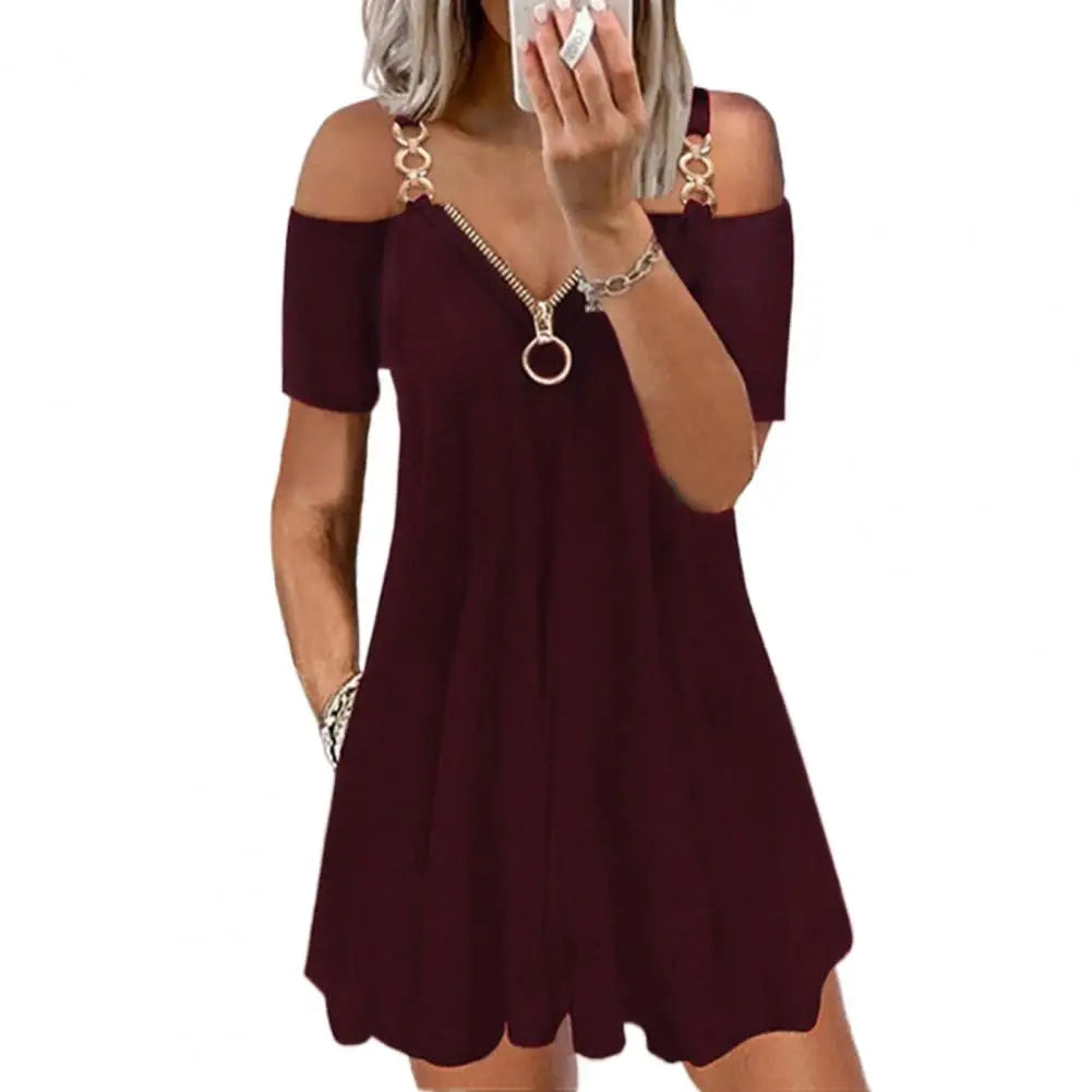 Summer New Fashion Zipper V Neck Casual Loose Mini Dress Loose