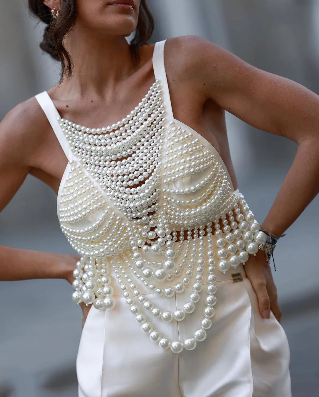Pearl Beading Tops V-neck Handmade Bra Top