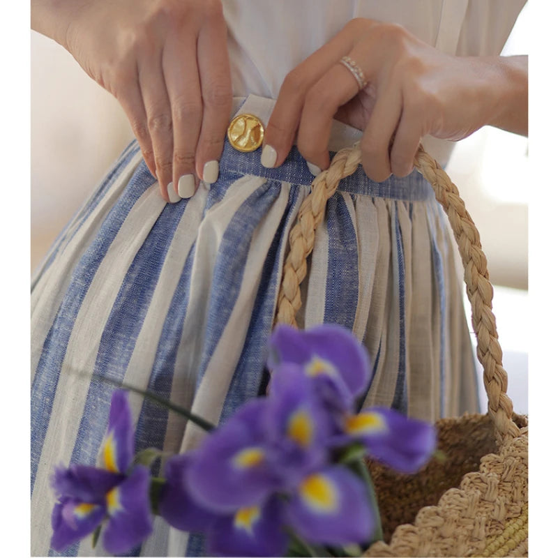 Vintage Blue Striped Skirt Summer Fashion Trends High Waist