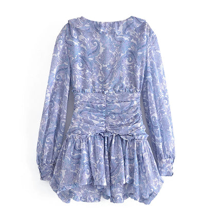 Blue Floral Print Chiffon Mini Dress