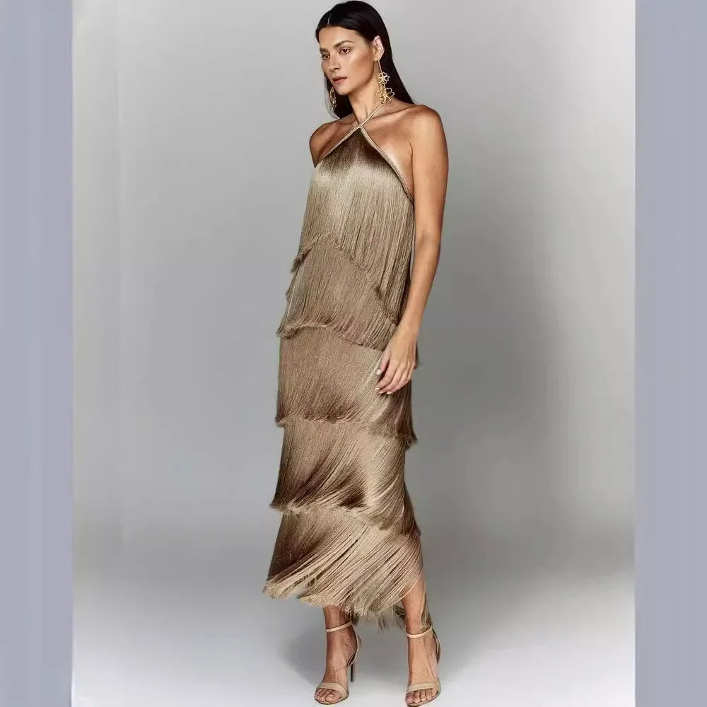 Neck Fringed Backless Slit Dress