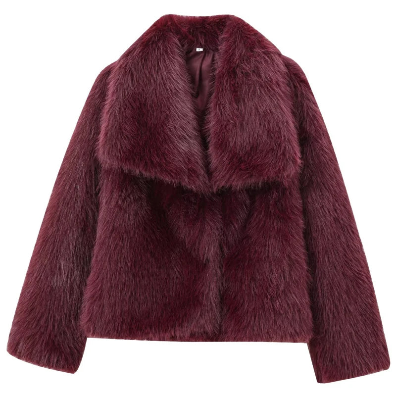 Women's Fur Coat Women  Plush Burgundy Bomber Jacket
