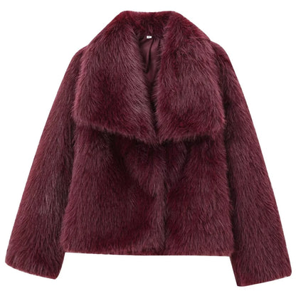 Women's Fur Coat Women  Plush Burgundy Bomber Jacket
