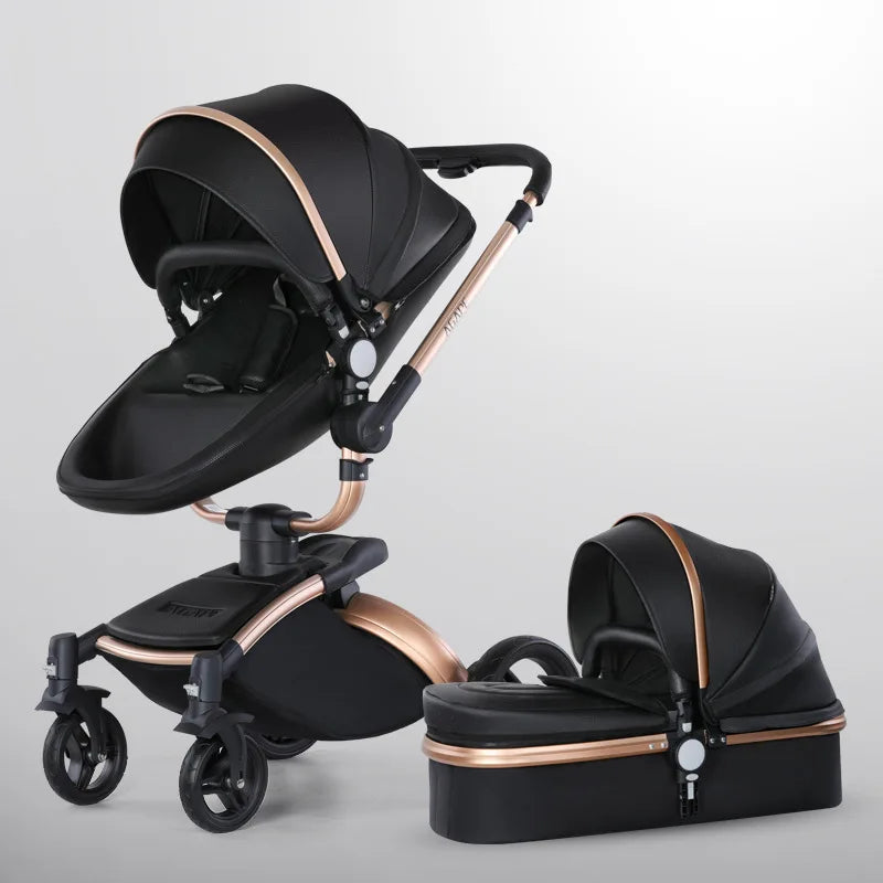 Baby Stroller 3 In 1 Pu leather baby Carriage with Car Seat travel foldable