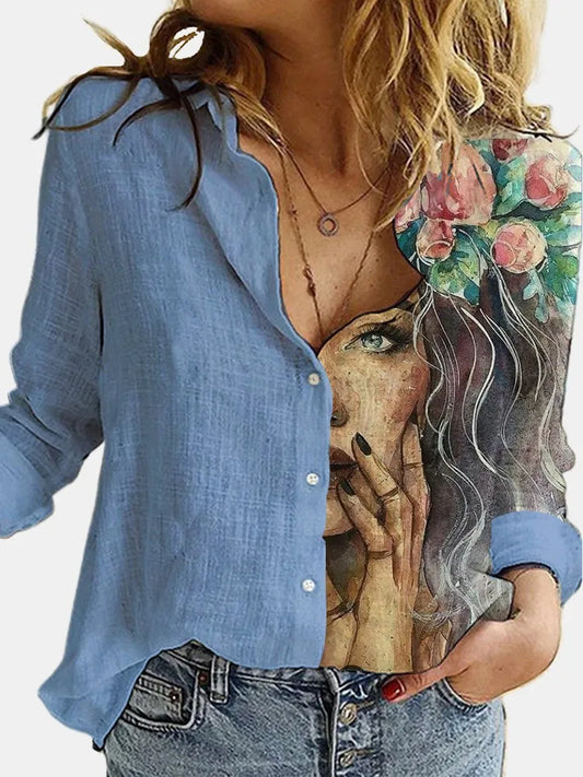 Fashion Retro Face Print Long Sleeve Blouse cotton