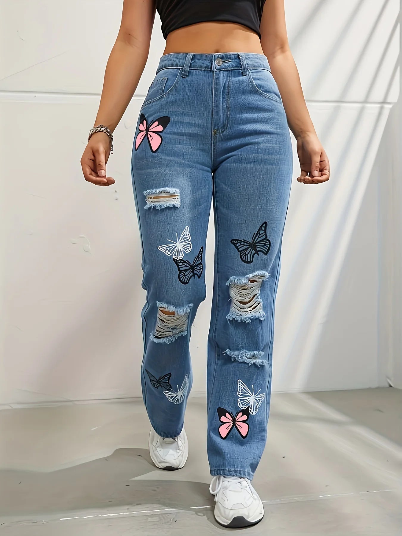 Butterfly Printing Denim Trousers Women Holes Jeans Straight Pants High Waist