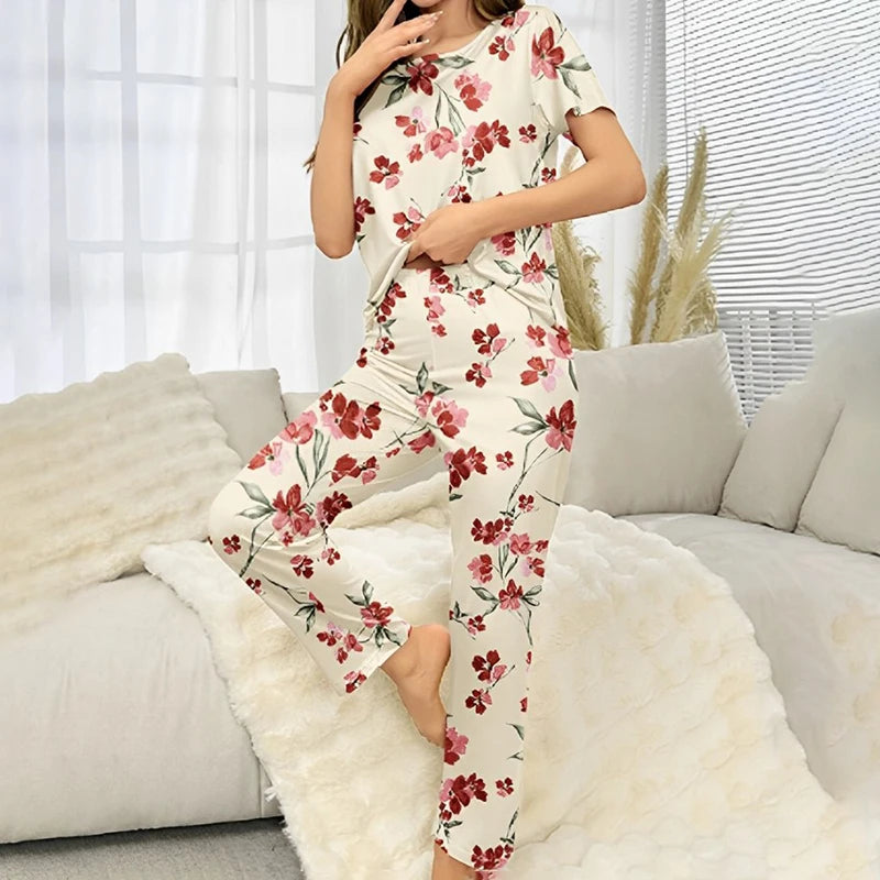 Flower Print Pajama Set Short Sleeve