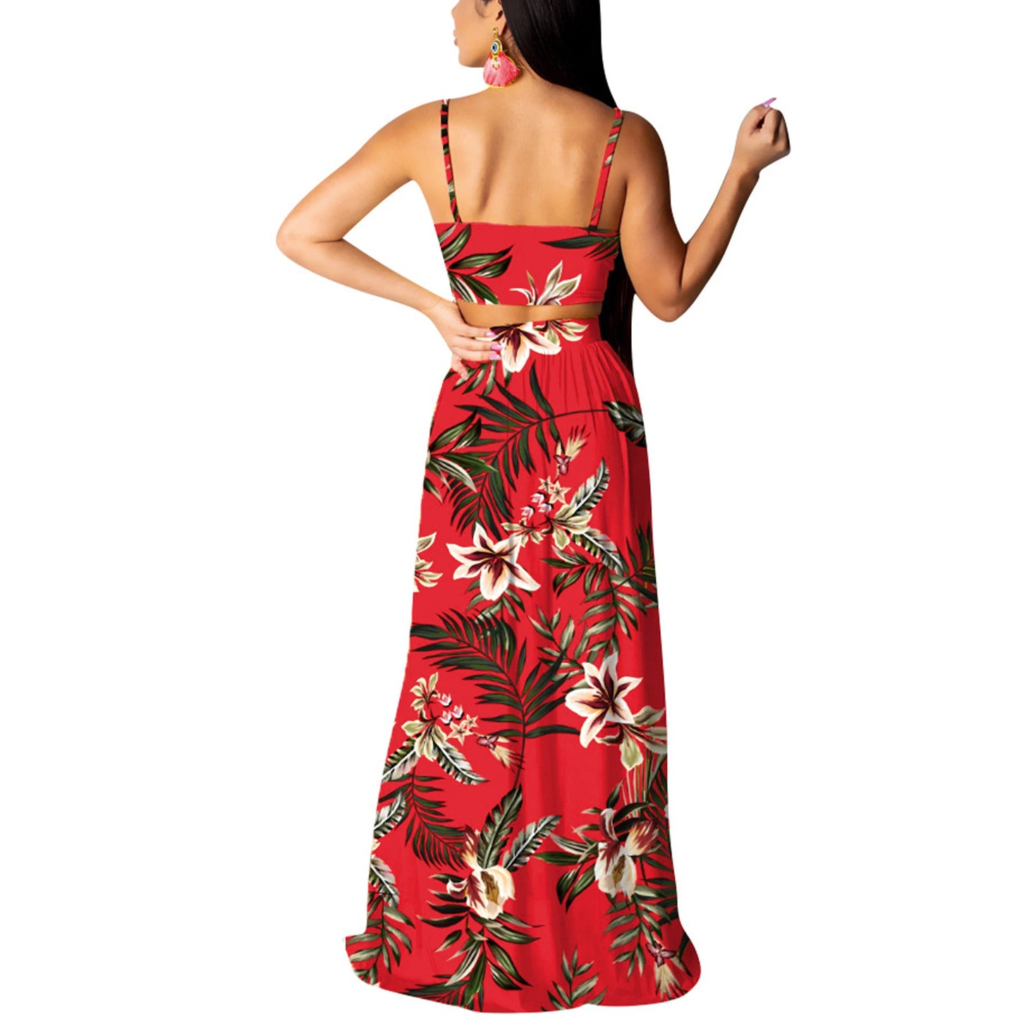 Women floral print V-neck two-piece top and split beach dress