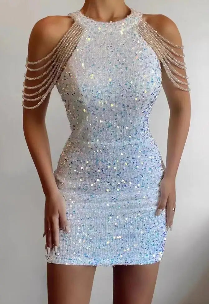 Neck Sexy Chain Wrapped Hip Sequin Sleeveless Slim Fit Dress For Women