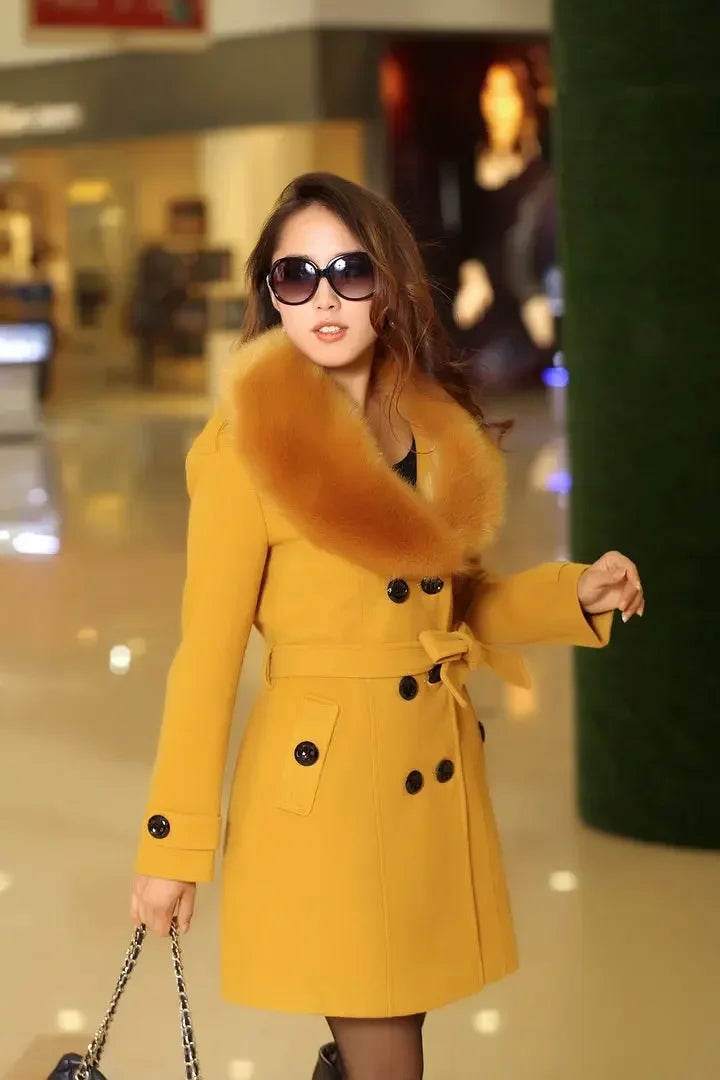 Mid Length Wool Coats Women Fur Collar Splice Blends