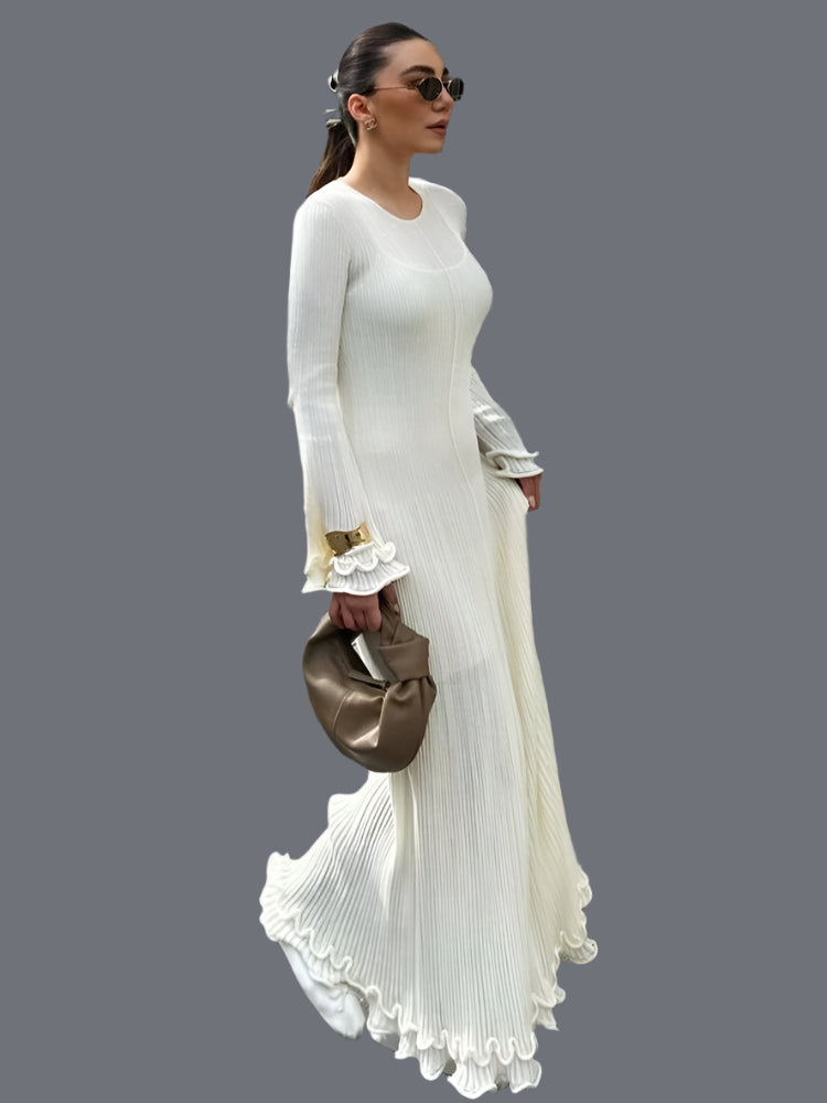 Women Elegant Knit White Long Dress with Flare Long Sleeve