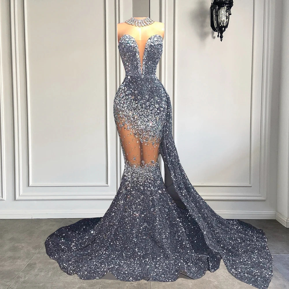 Long Sparkly Prom Dresses 2025 Luxury Silver Diamond Crystals