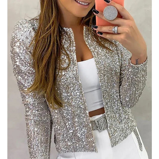 Sequin Jackets Women Glitter Long Sleeve Short Coats