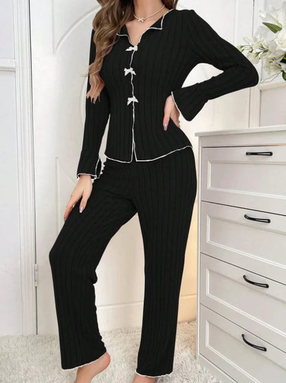 Ribbed Black Long Sleeve Top And Long Pants Sleepwear