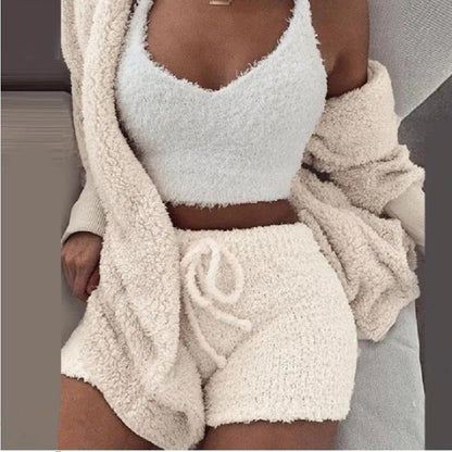 3 Pieces Fluffy Pyjamas Set for Women Casual Sleepwear