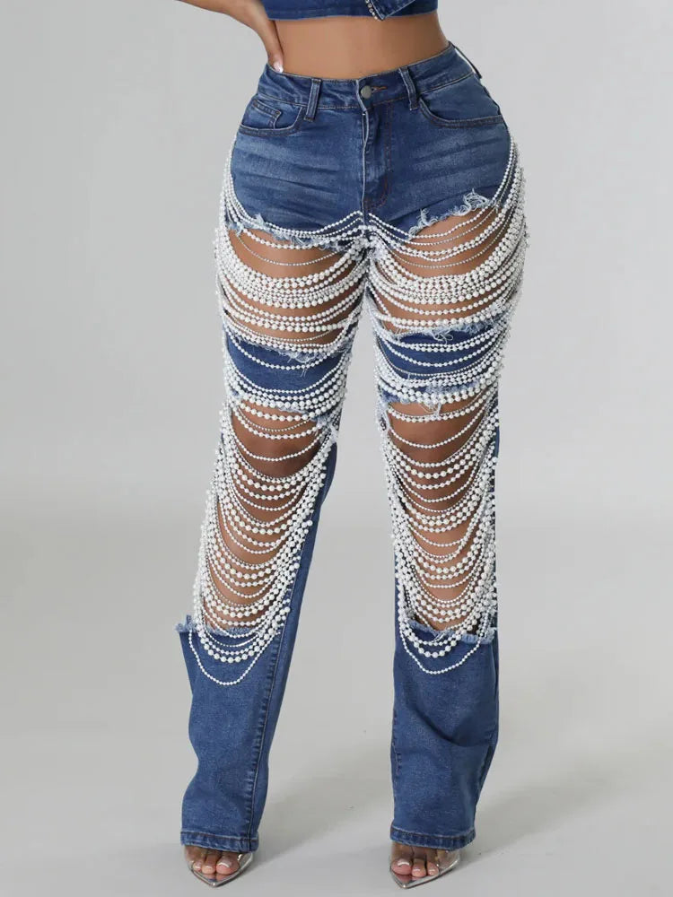 Women's Destroyed Ripped Hole Denim Pants Pearl Rhinestones