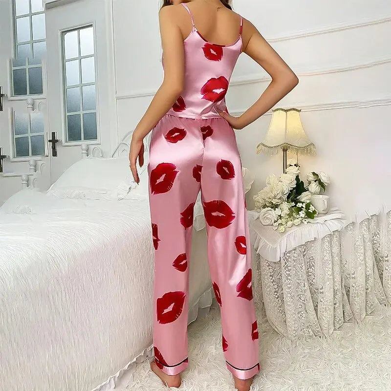 Women's Satin Pajama Set with Lip Print