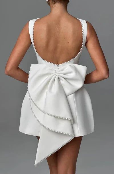 Elegant Pearl Bow Backless Short Dress