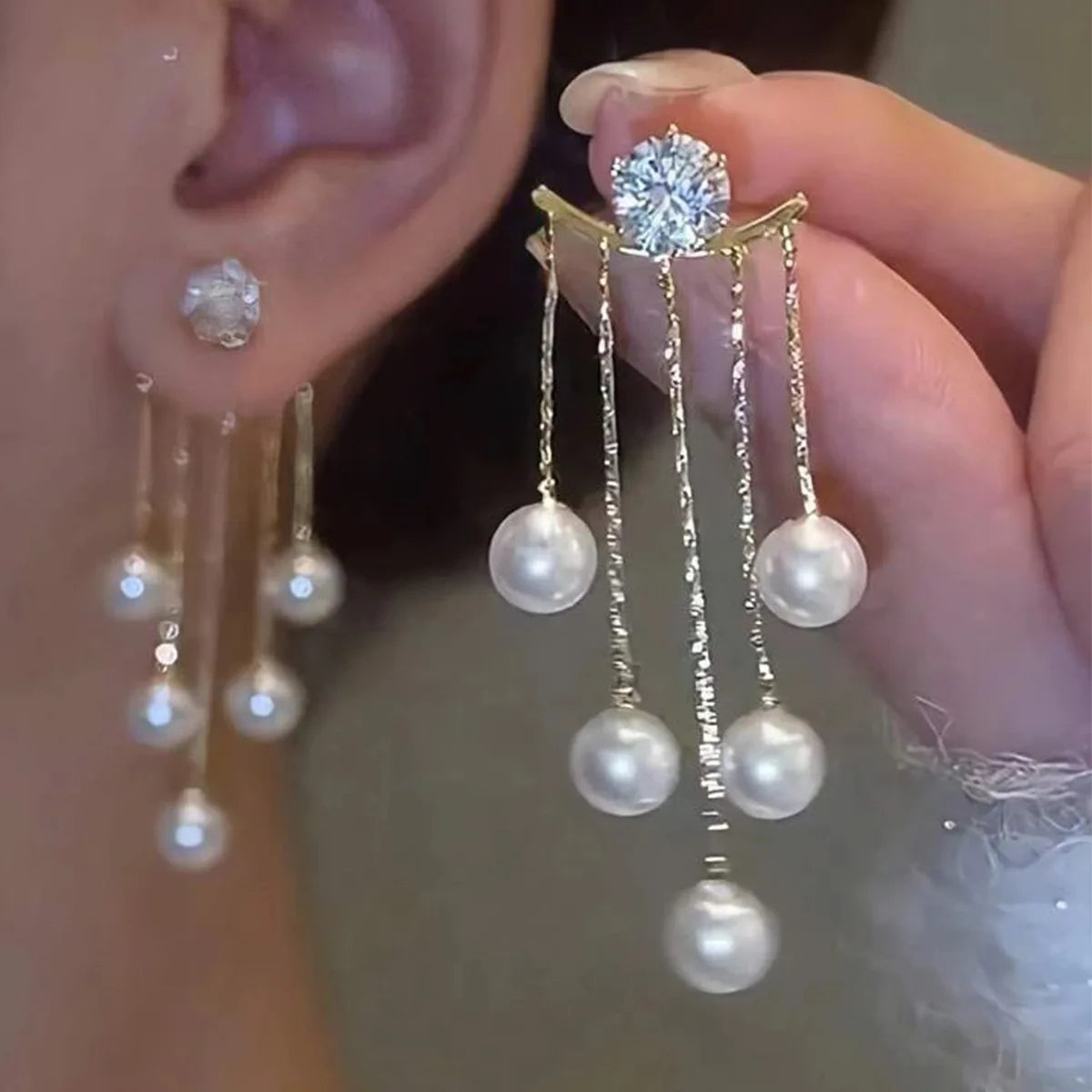 925 Silver Needle Korean Fashion Pearl Tassel Earrings