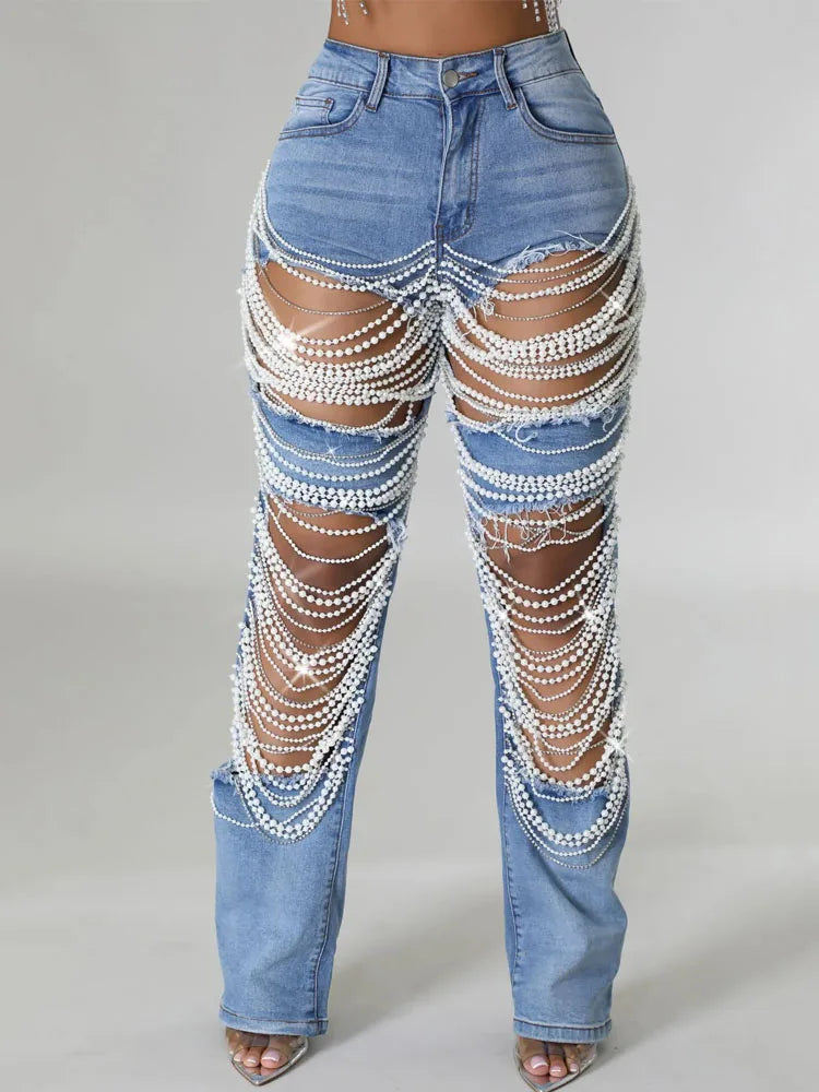 Women's Destroyed Ripped Hole Denim Pants Pearl Rhinestones