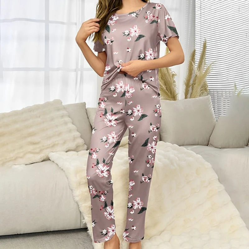 Flower Print Pajama Set Short Sleeve