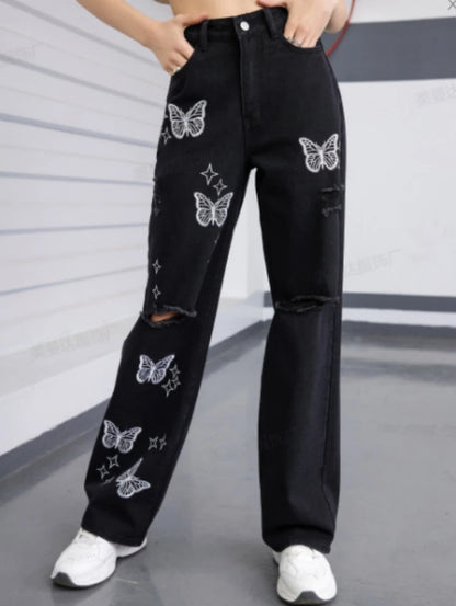 High Waist Ripped Butterfly Print Jeans For Women