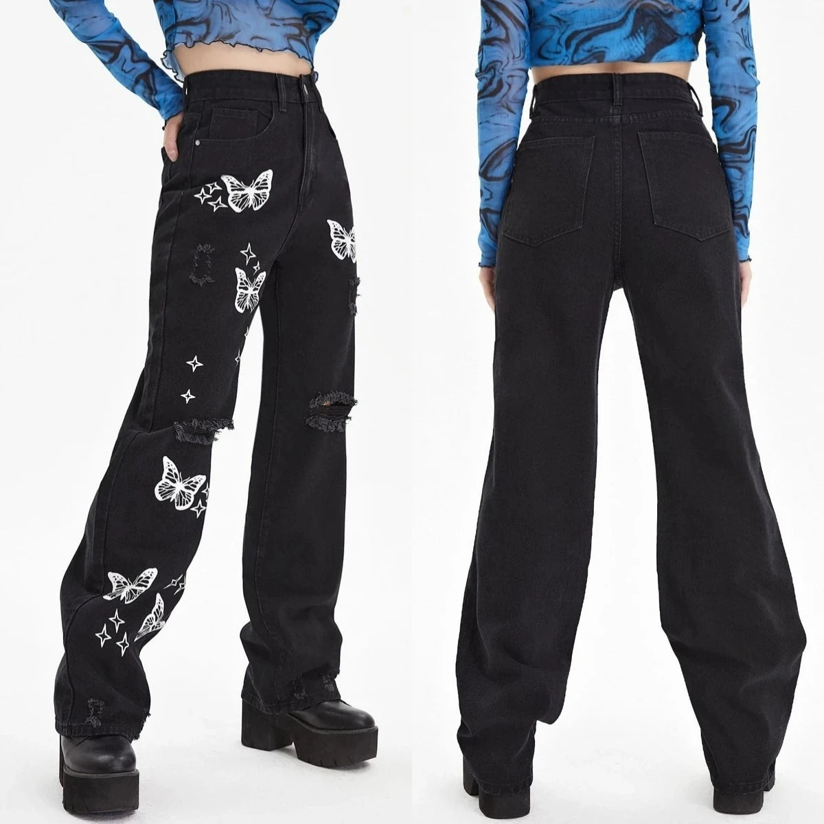 High Waist Ripped Butterfly Print Jeans For Women