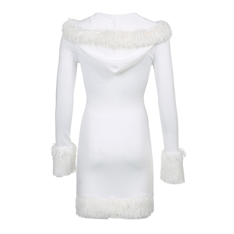 Fur Trim Hooded White Vestidos Women Long Sleeve Mini Bodycon Dress