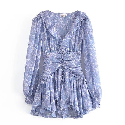 Blue Floral Print Chiffon Mini Dress