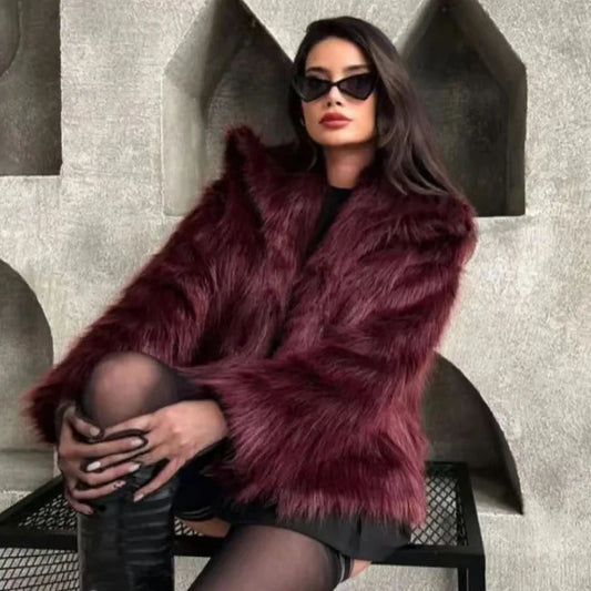 Women's Fur Coat Women  Plush Burgundy Bomber Jacket