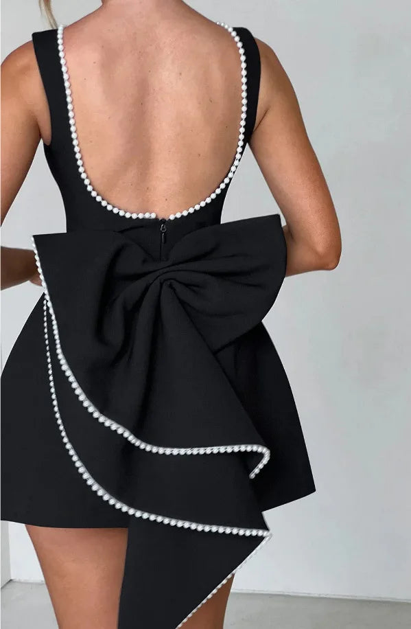 Elegant Pearl Bow Backless Short Dress