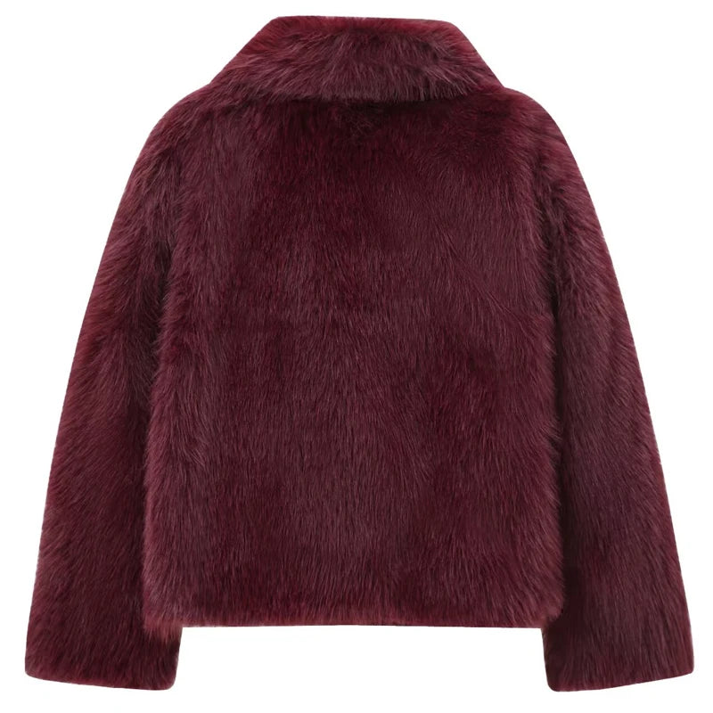 Women's Fur Coat Women  Plush Burgundy Bomber Jacket