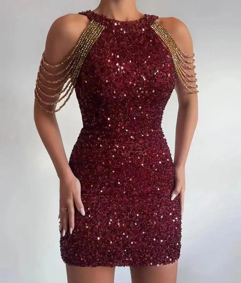 Neck Sexy Chain Wrapped Hip Sequin Sleeveless Slim Fit Dress For Women