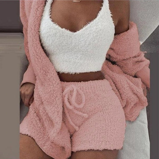 3 Pieces Fluffy Pyjamas Set for Women Casual Sleepwear