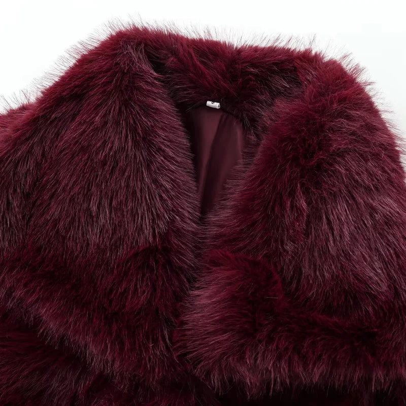 Women's Fur Coat Women  Plush Burgundy Bomber Jacket