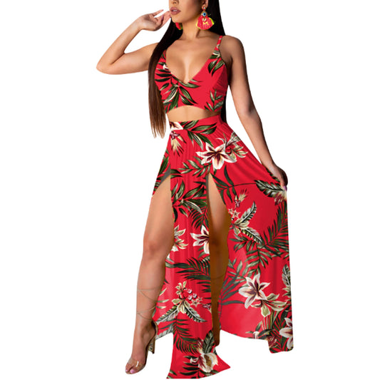 Women floral print V-neck two-piece top and split beach dress