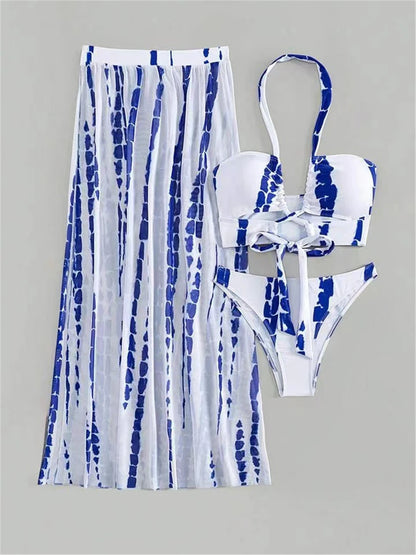 3 Pieces Tie Dye Cross Bikini Swimsuit & Cover Up Pants Swimwear Bathers