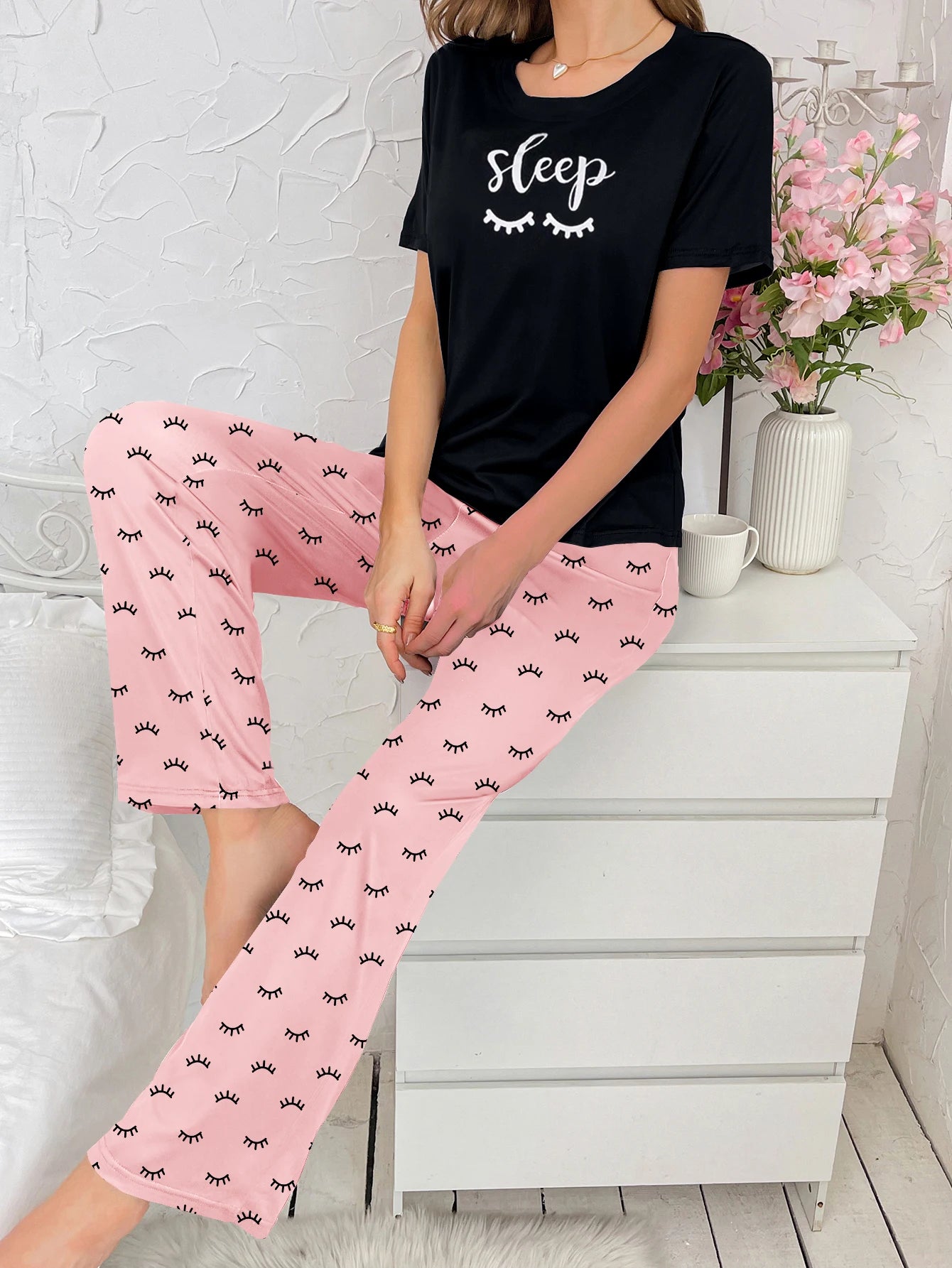 Short-sleeved blouse printed trousers two-piece casual pajamas set