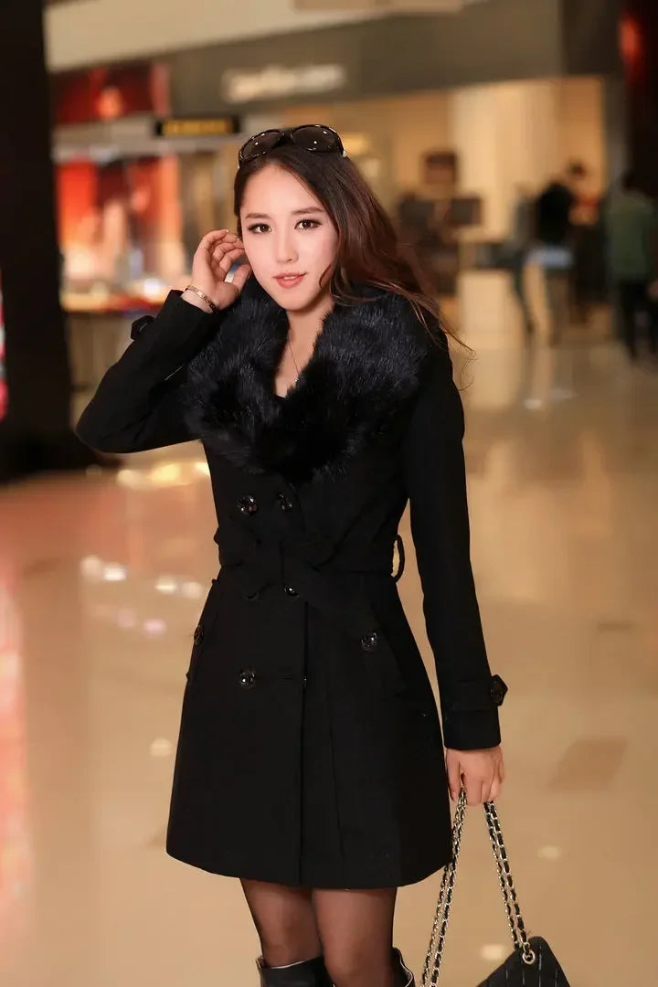 Mid Length Wool Coats Women Fur Collar Splice Blends