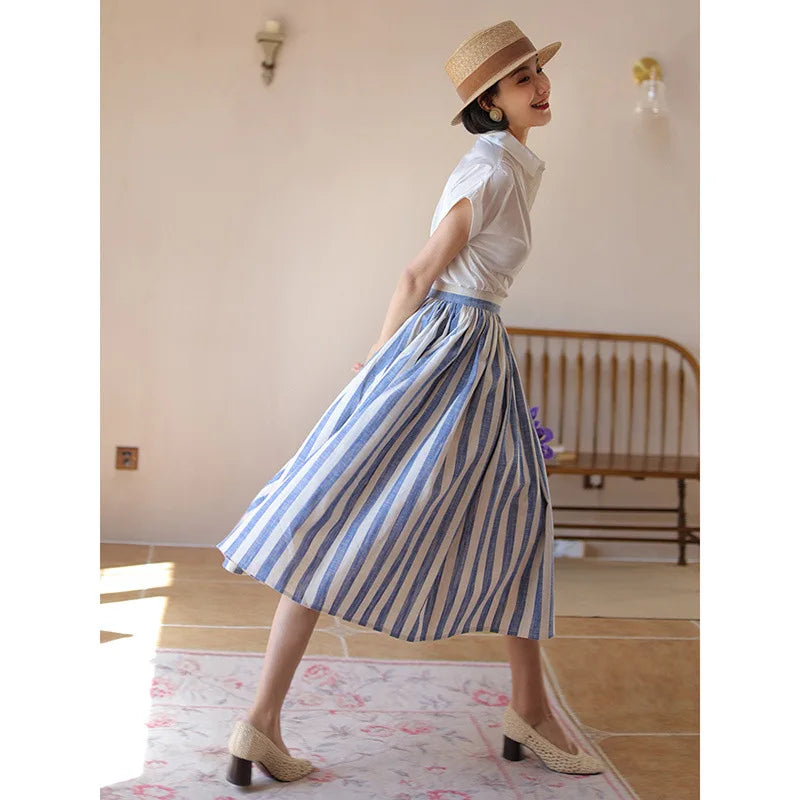 Vintage Blue Striped Skirt  Summer Fashion Trends High Waist