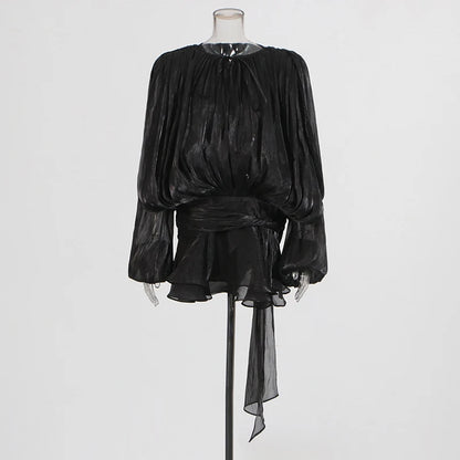 V Neck  Lace Up Blouse Mini Dresses For Women