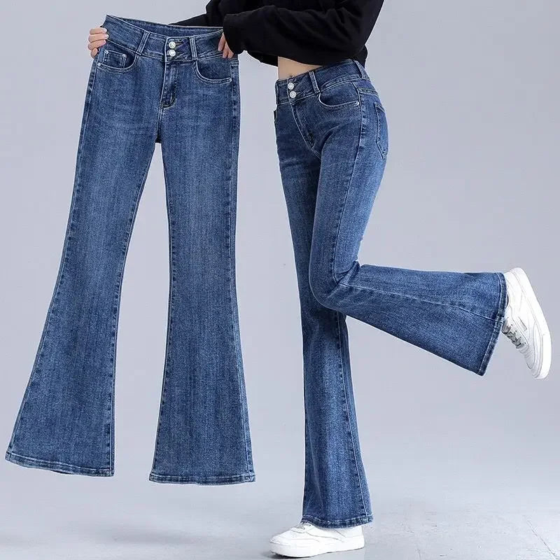 Women's Jeans Blue Flared Female Denim Pants with Pockets Bell Bottom