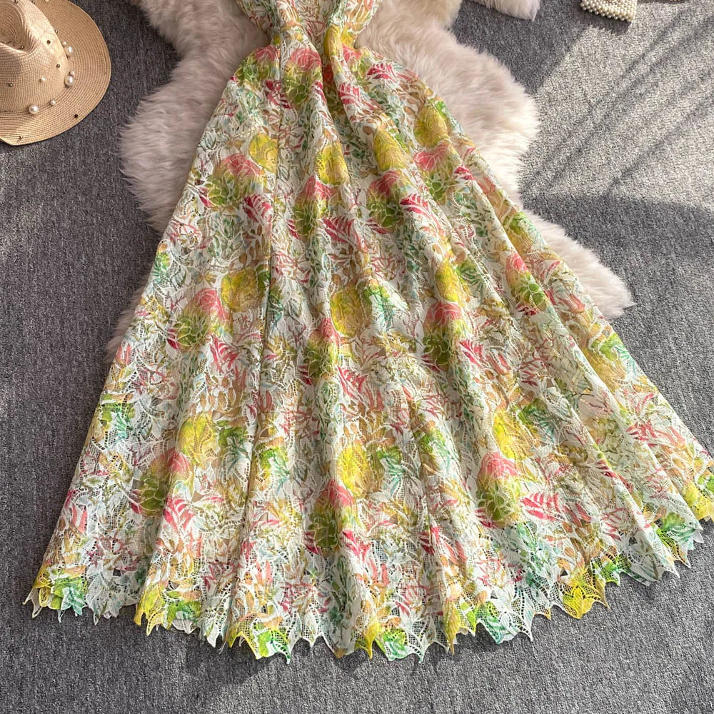 Elegant Lace Casual Sleeveless Chic Hollow Out Print Sexy Straps Dresses